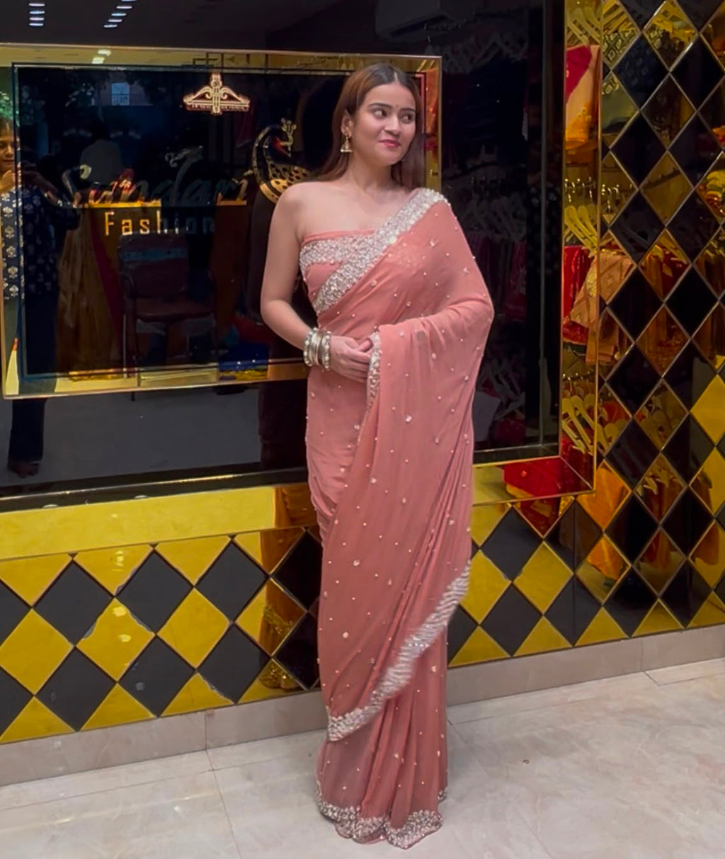 Peach Pure Chiffon Premium Handwork Saree (410)