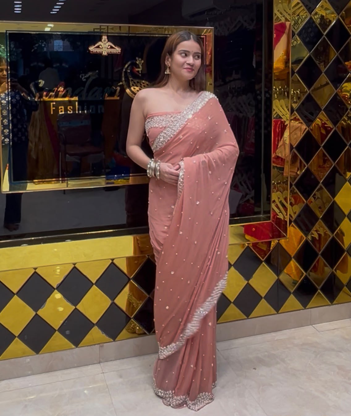 Peach Pure Chiffon Premium Handwork Saree (410)