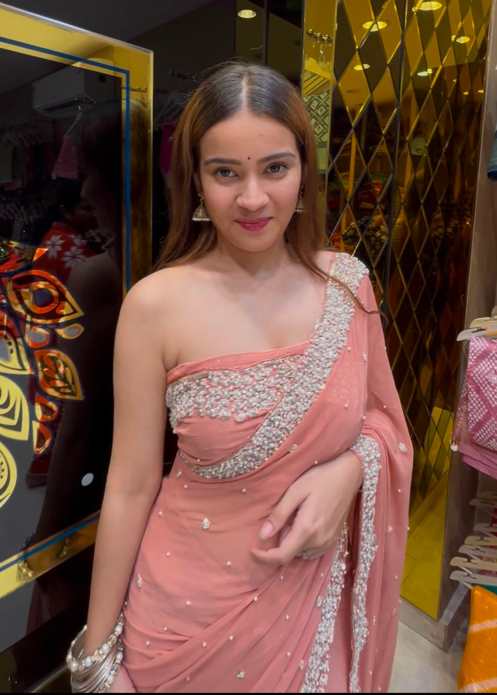 Peach Pure Chiffon Premium Handwork Saree (410)