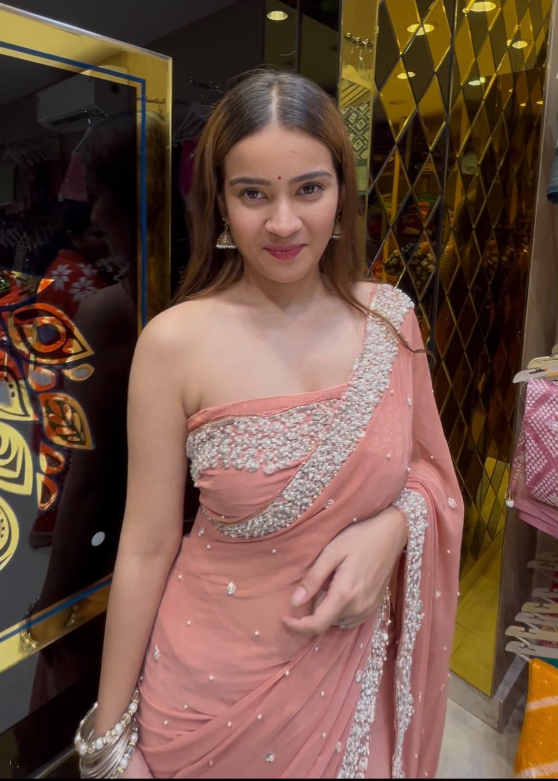 Peach Pure Chiffon Premium Handwork Saree (410)