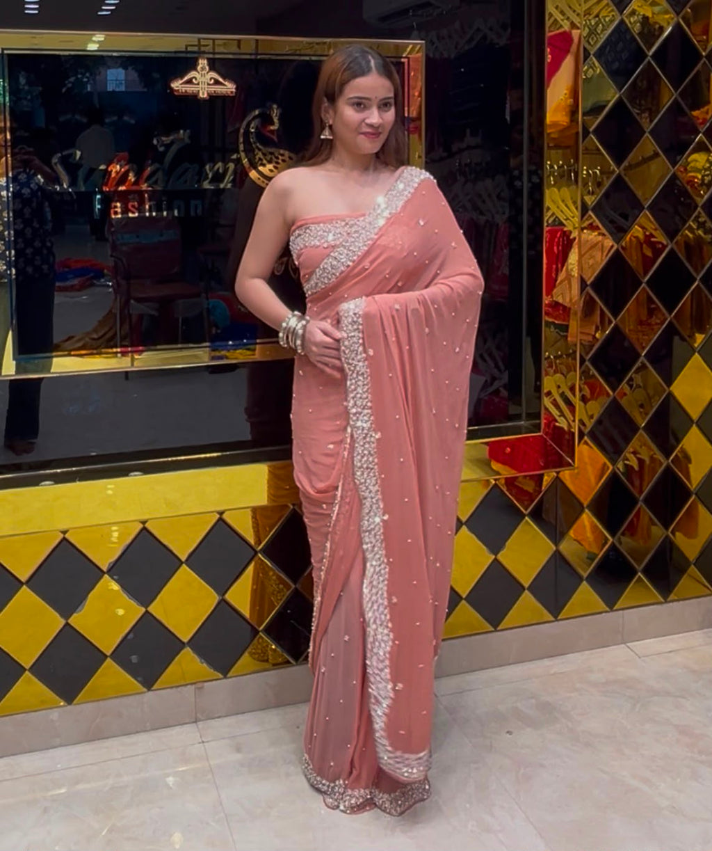 Peach Pure Chiffon Premium Handwork Saree (410)