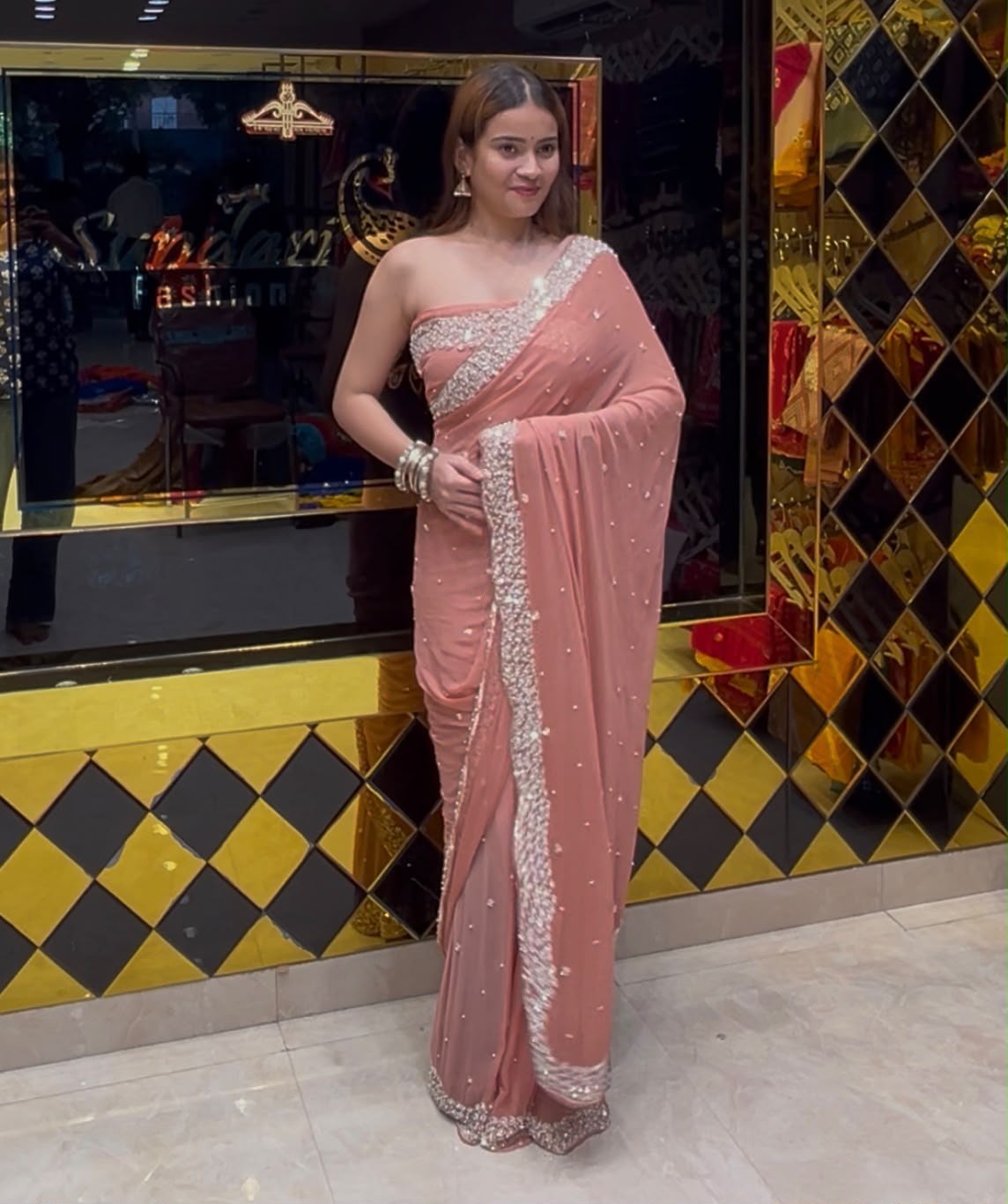 Peach Pure Chiffon Premium Handwork Saree (410)