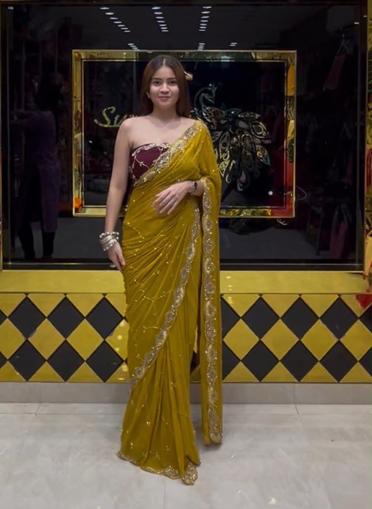 Mustard Yellow Jarkan Jaal Designer Saree (412)
