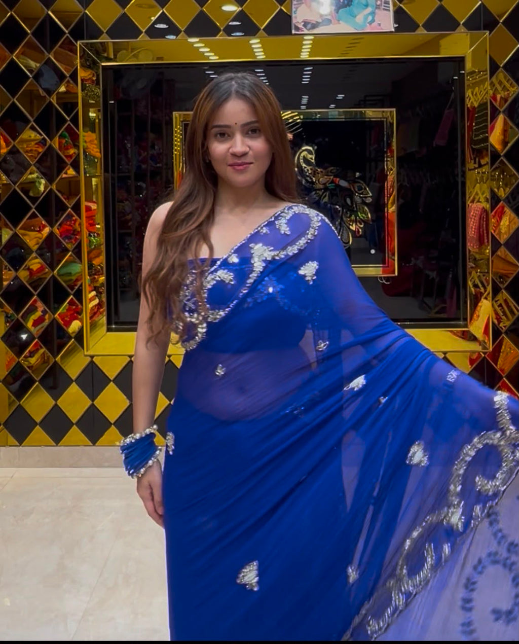Blue Mirror & Pearl Designer Saree (S87)