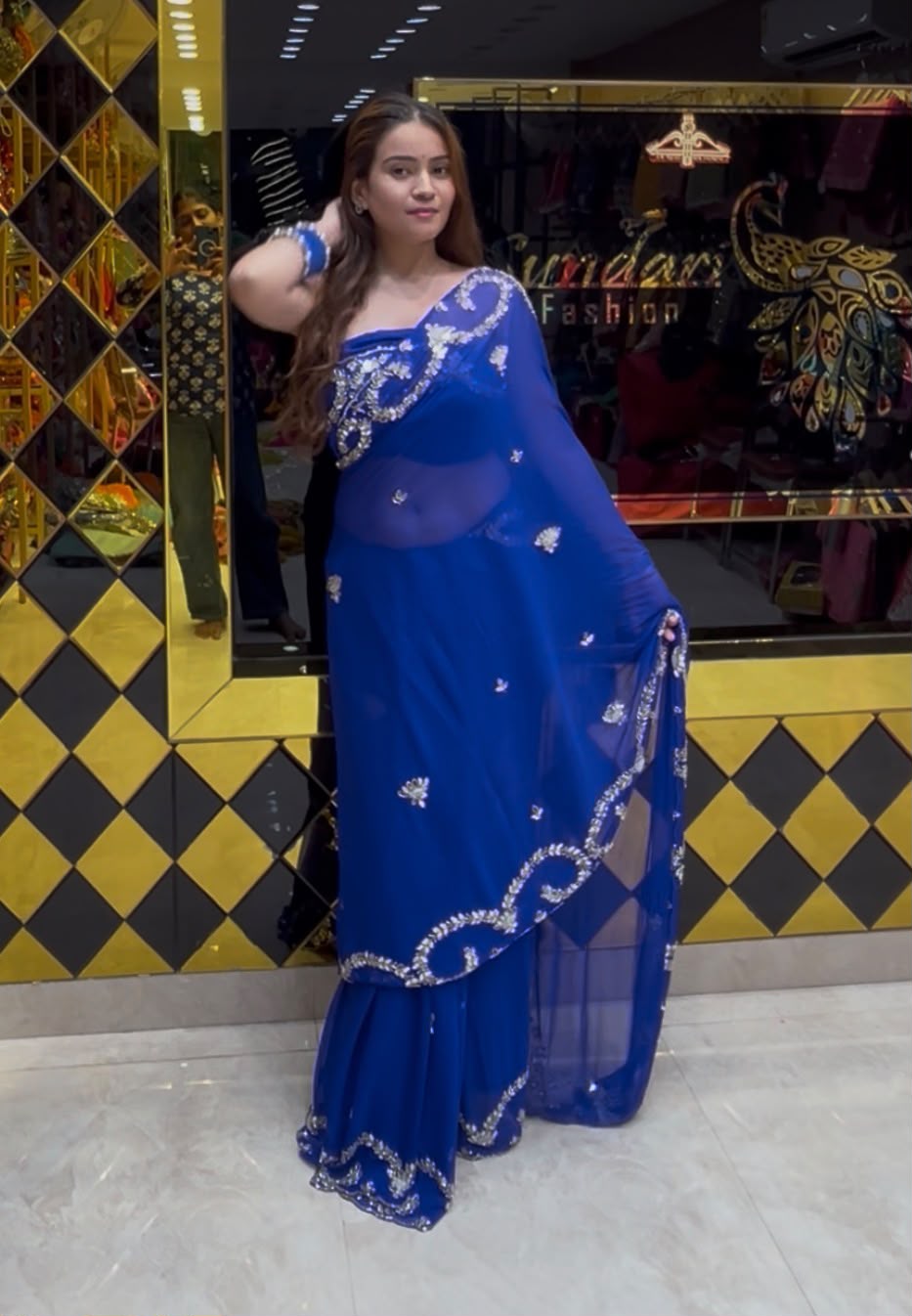 Blue Mirror & Pearl Designer Saree (S87)