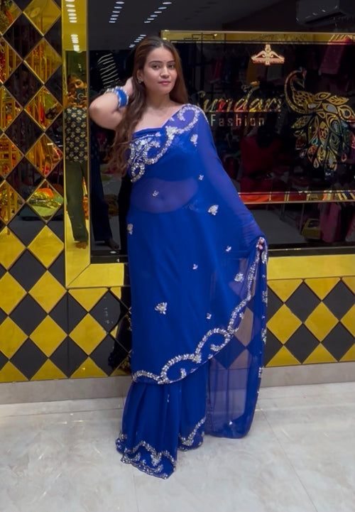 Blue Mirror & Pearl Designer Saree (S87)