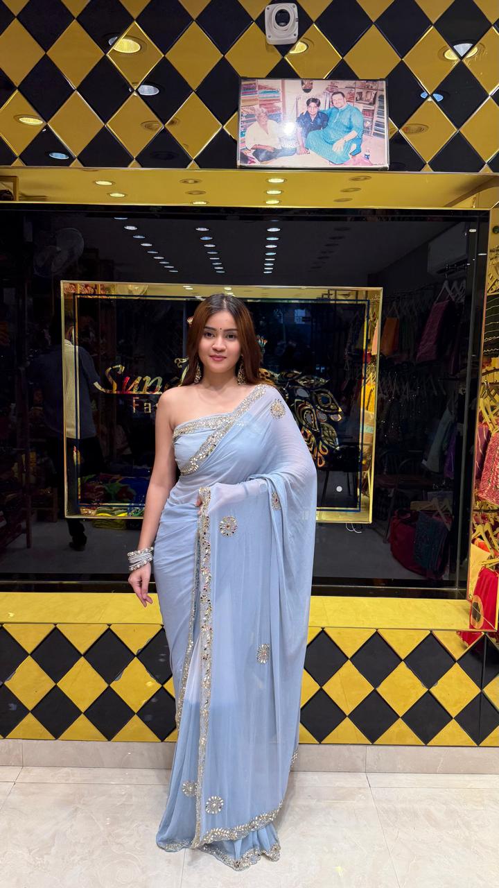 Powder Blue Mirror & Katdana Designer Saree (S89)
