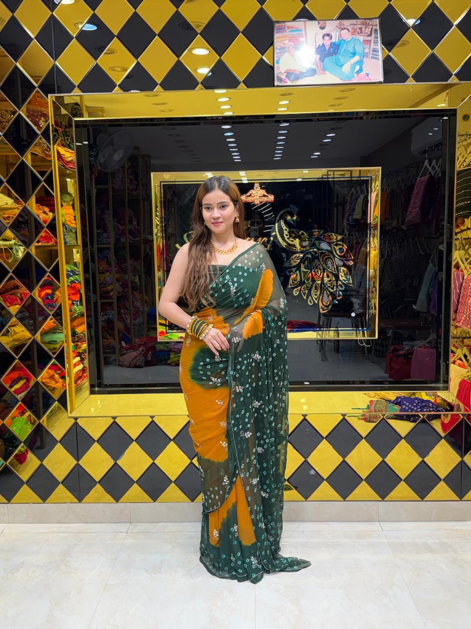 Pearl & Mirror Bandhej Designer Saree (S90)