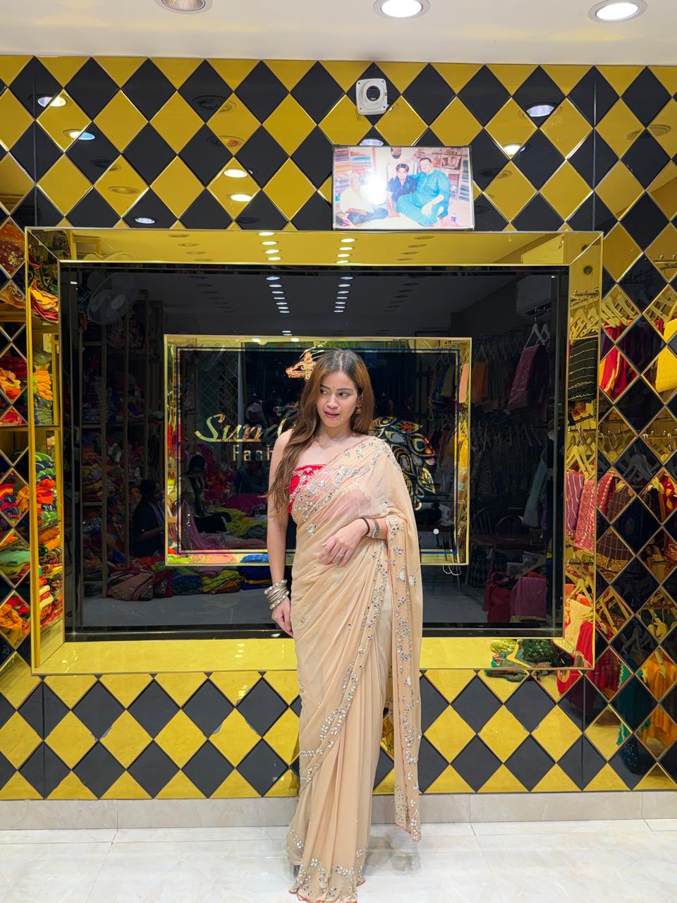 Biege Mirror & Pearl Designer Saree (S88)