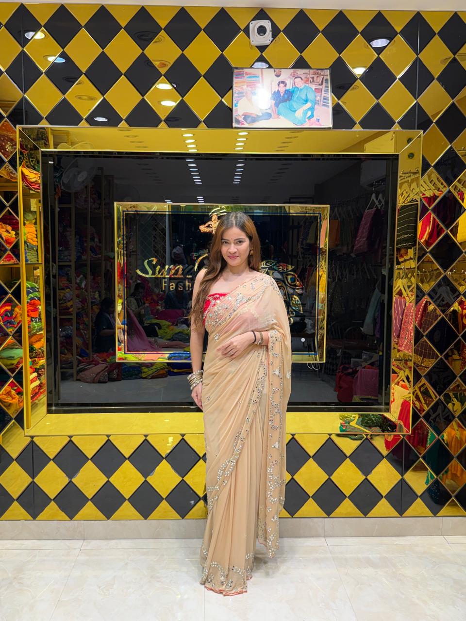 Biege Mirror & Pearl Designer Saree (S88)