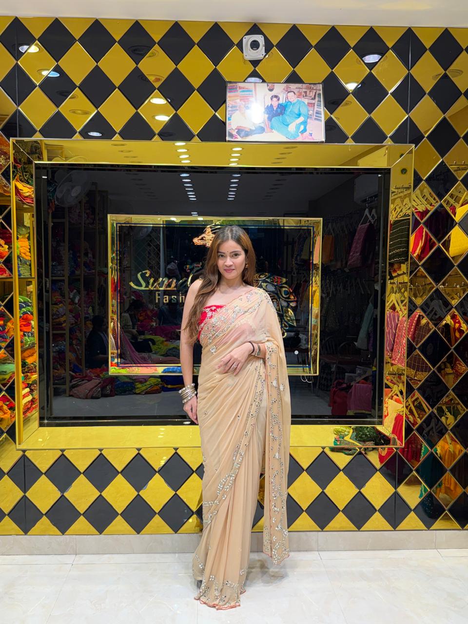 Biege Mirror & Pearl Designer Saree (S88)