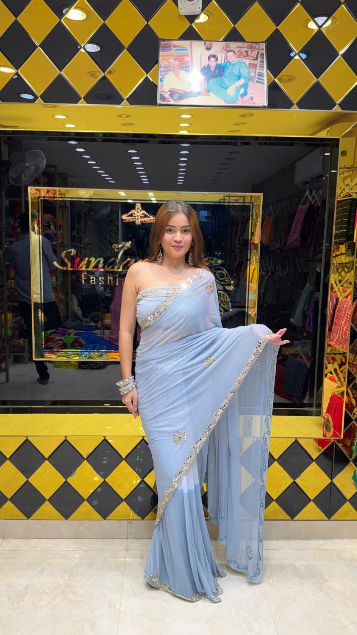 Powder Blue Mirror & Katdana Designer Saree (S89)