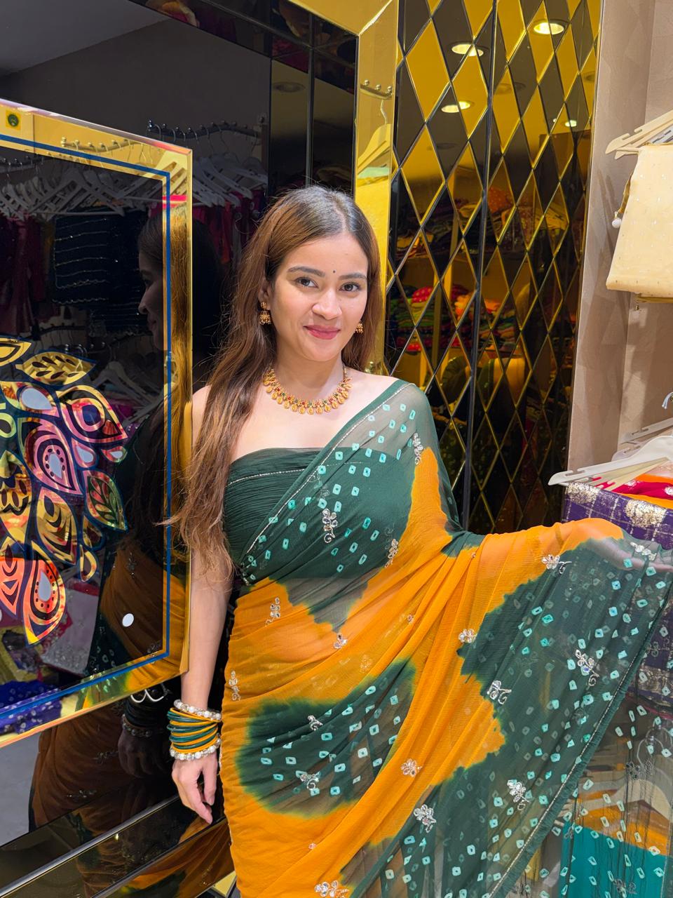 Pearl & Mirror Bandhej Designer Saree (S90)