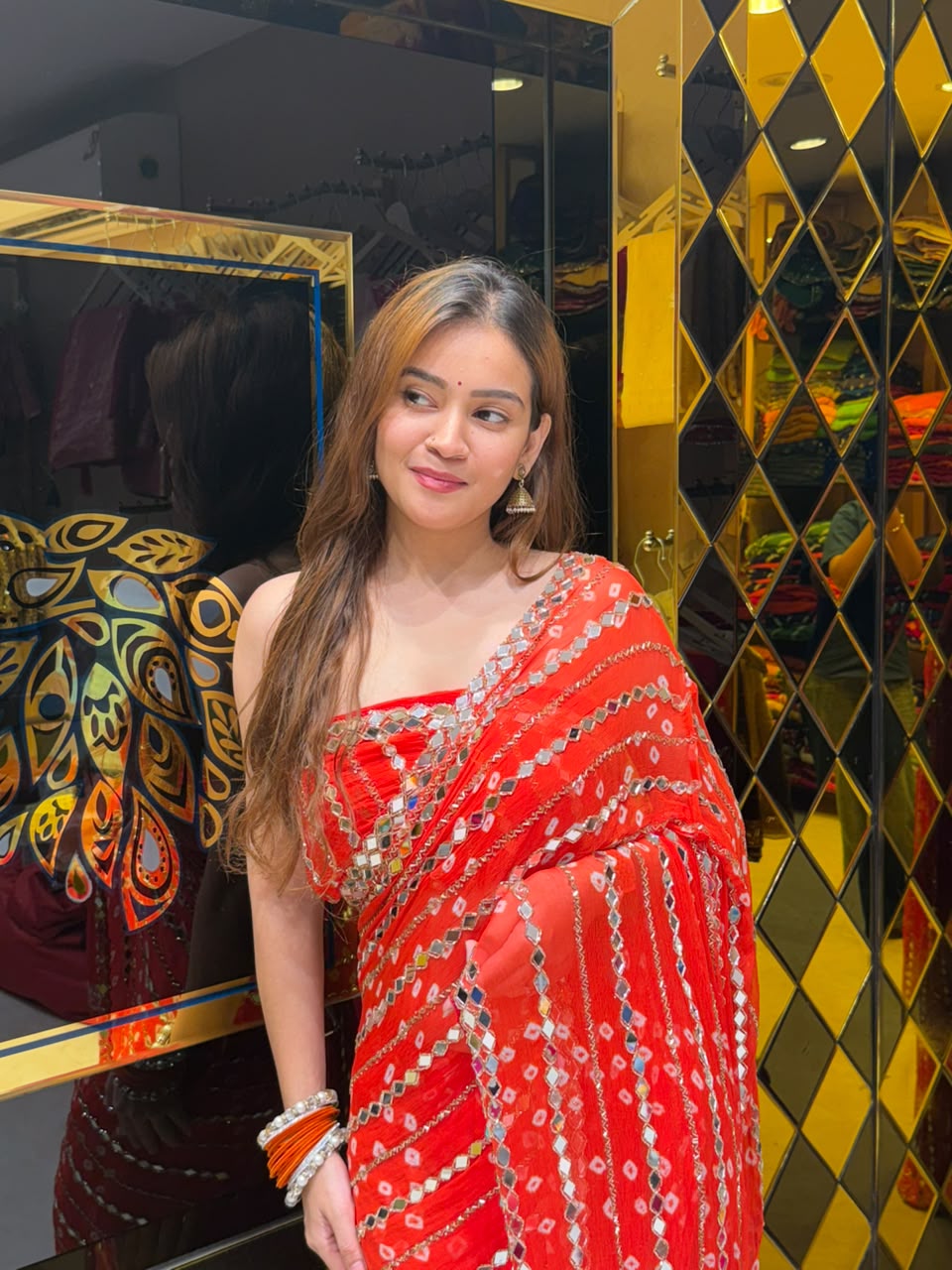 Orange Bandhej Katdana Handwork Saree (413)