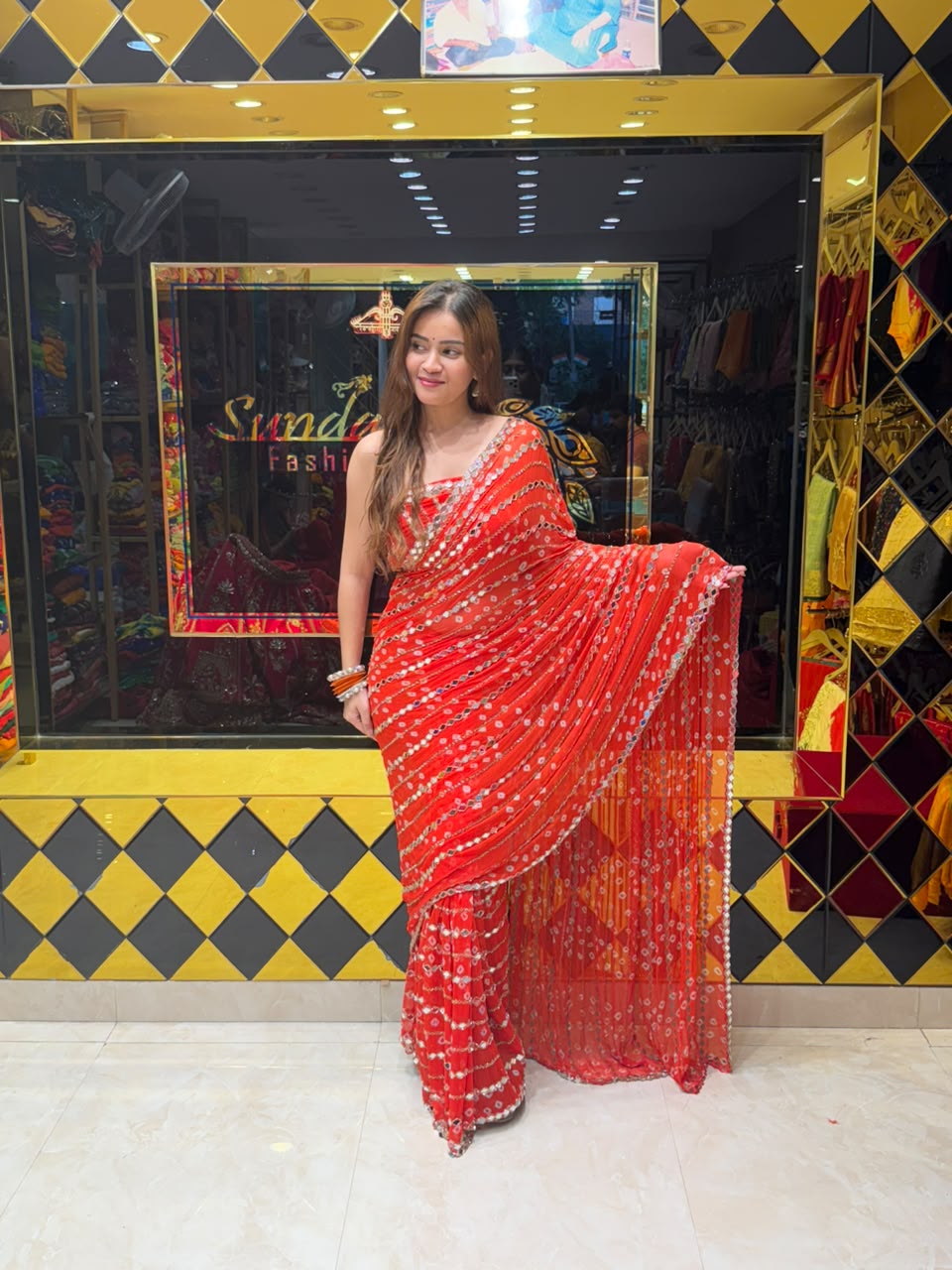 Orange Bandhej Katdana Handwork Saree (413)