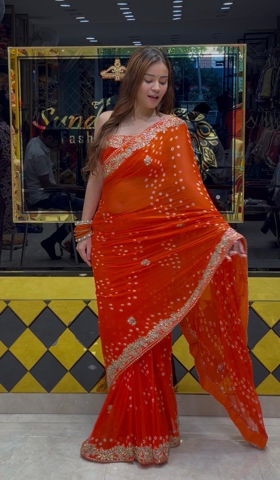 Orange Bandhej Gotapati Designer Saree (416)