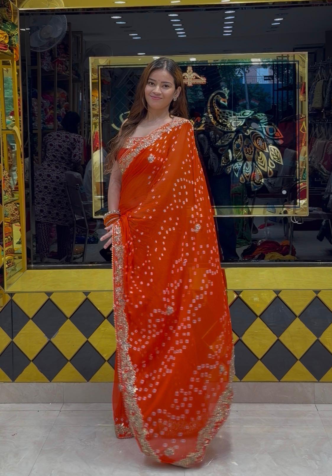 Orange Bandhej Gotapati Designer Saree (416)