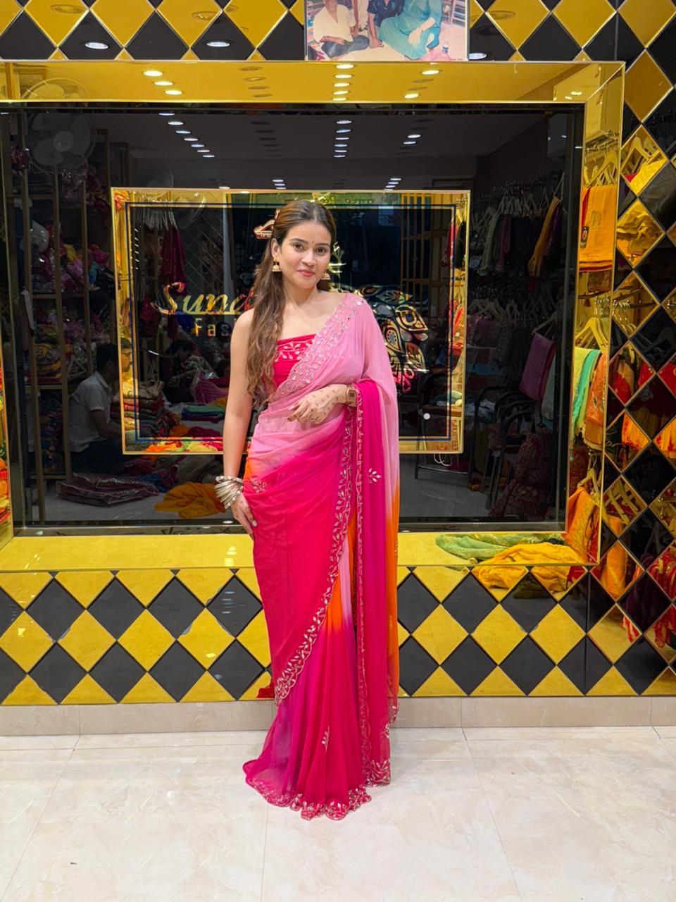 Pure Chiffon Mirror & Katdana Designer Saree (S93)
