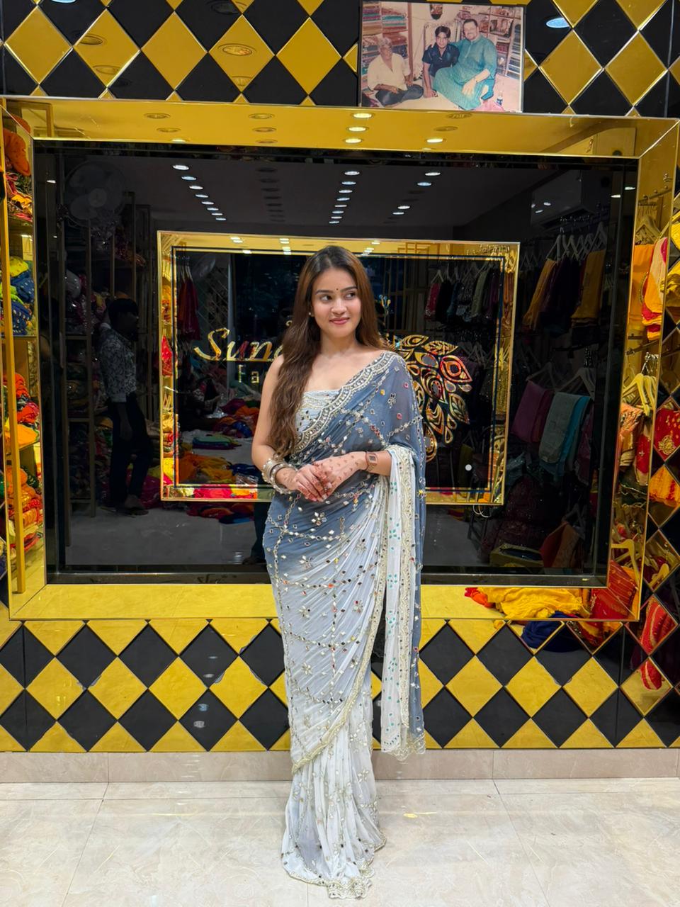 Dual Shade Pearl And Mirror Handcrafted Saree (372)