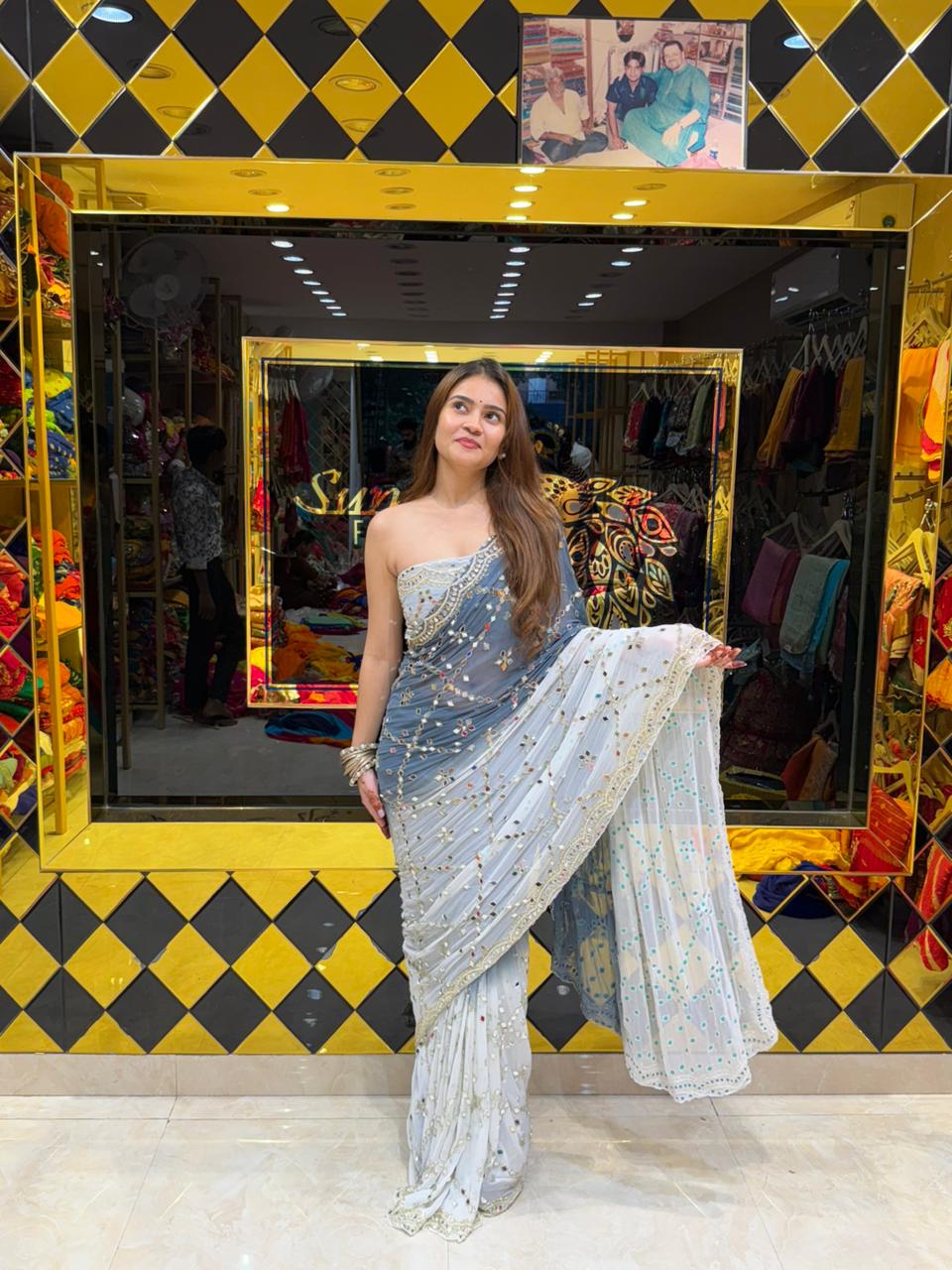 Dual Shade Pearl And Mirror Handcrafted Saree (372)