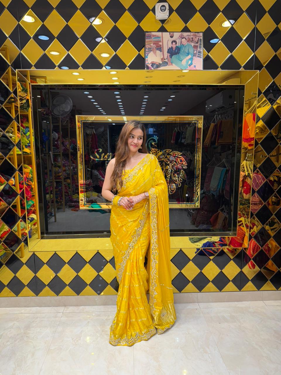 Gaji Silk Yellow Mirror Handwork Saree (420)