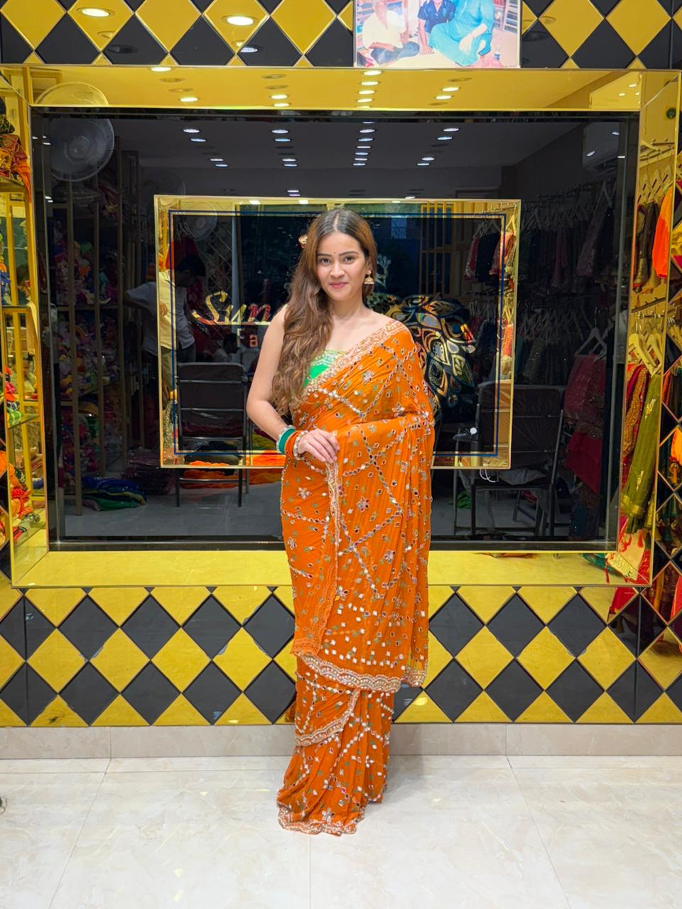 Orange Bandhej Pearl & Mirror Handcrafted Saree (418)