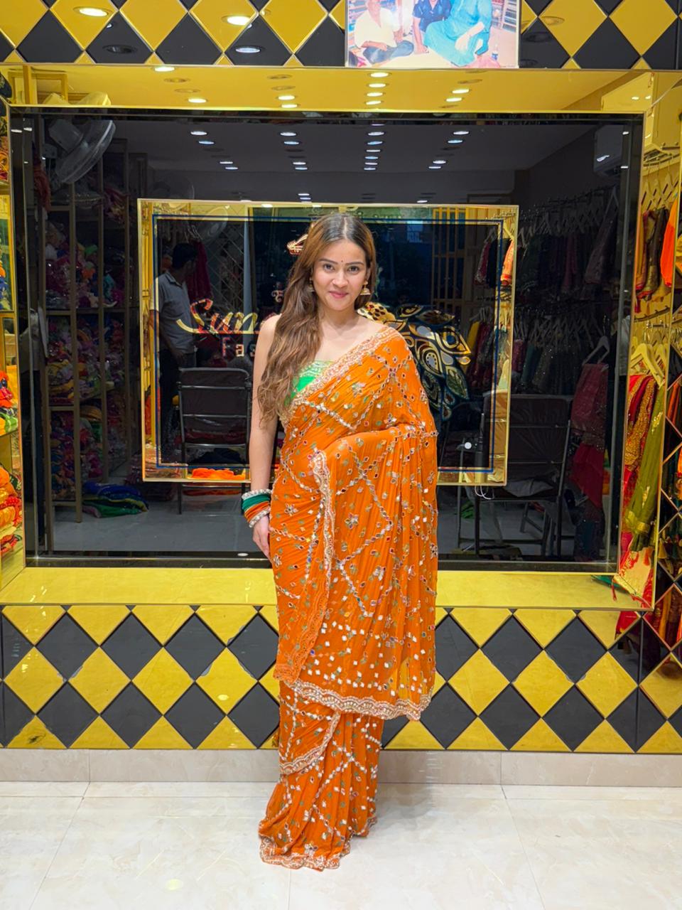 Orange Bandhej Pearl & Mirror Handcrafted Saree (418)