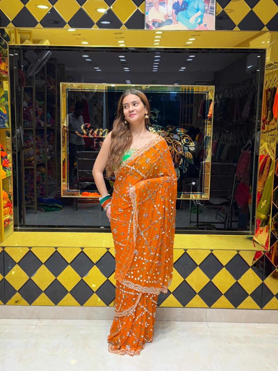 Orange Bandhej Pearl & Mirror Handcrafted Saree (418)