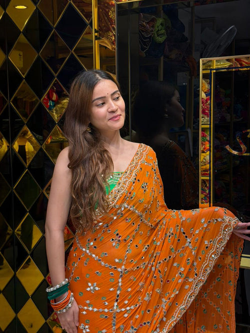 Orange Bandhej Pearl & Mirror Handcrafted Saree (418)