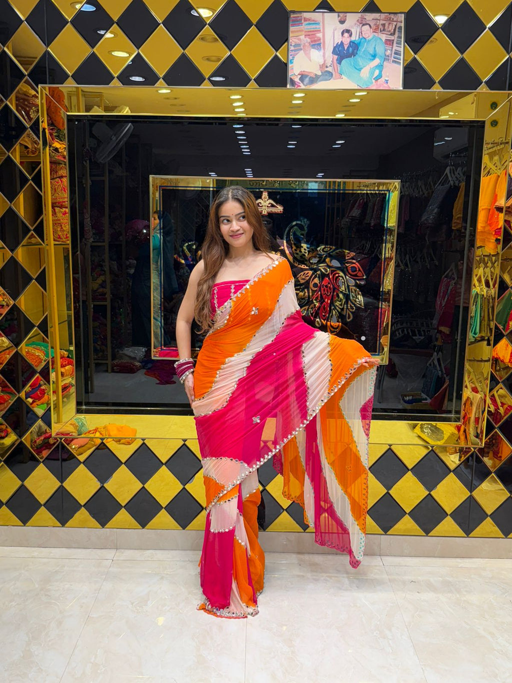 Multicolour Mirror Lehriya desingner Handcrafted Saree(422)