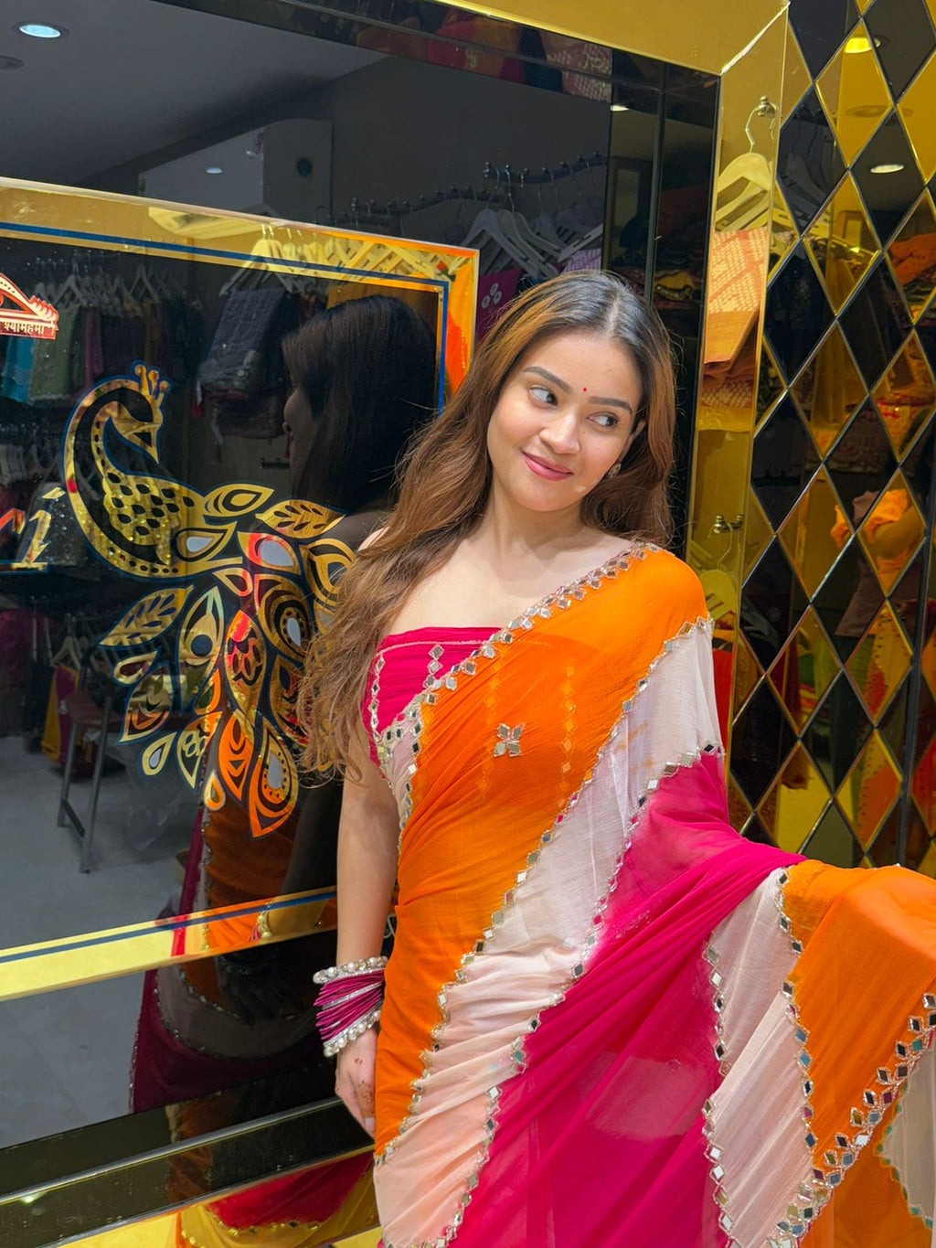 Multicolour Mirror Lehriya desingner Handcrafted Saree(422)