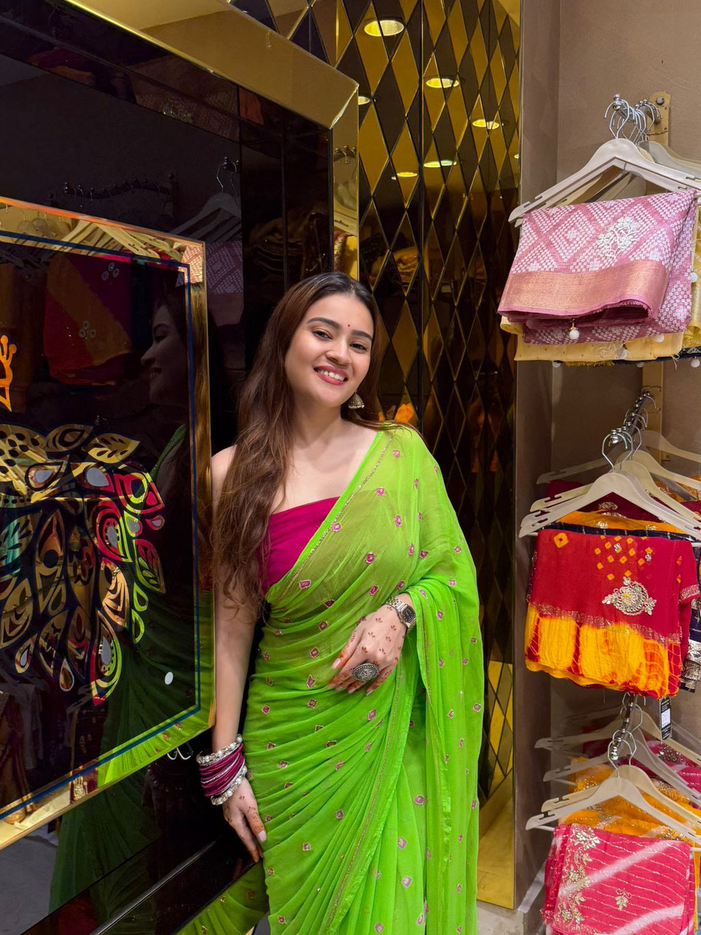 Green Pure Chiffon Bandhani Handcrafted saree (S26)