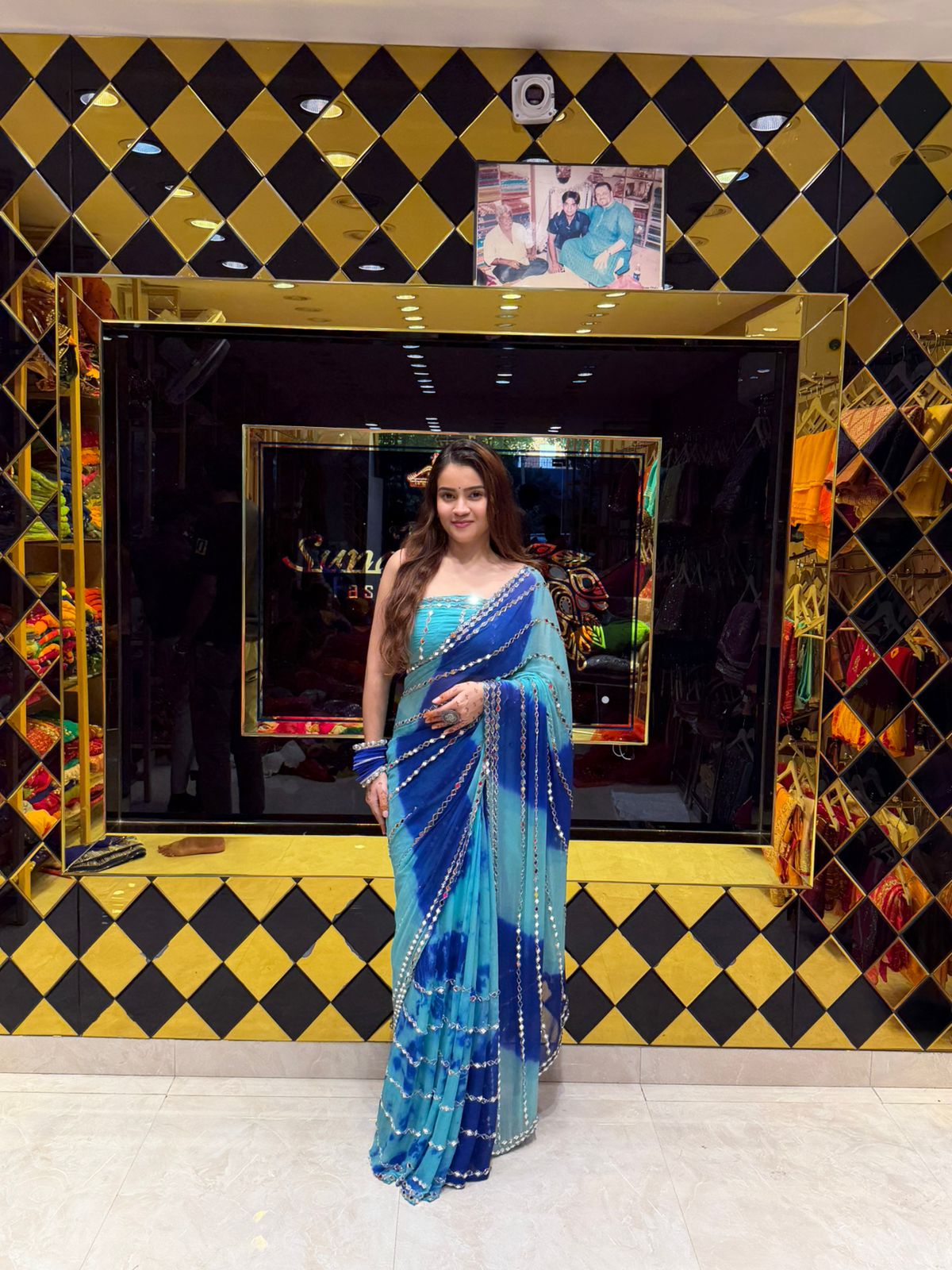 Dual Shade Blue Mirror Handcrafted Saree (421)
