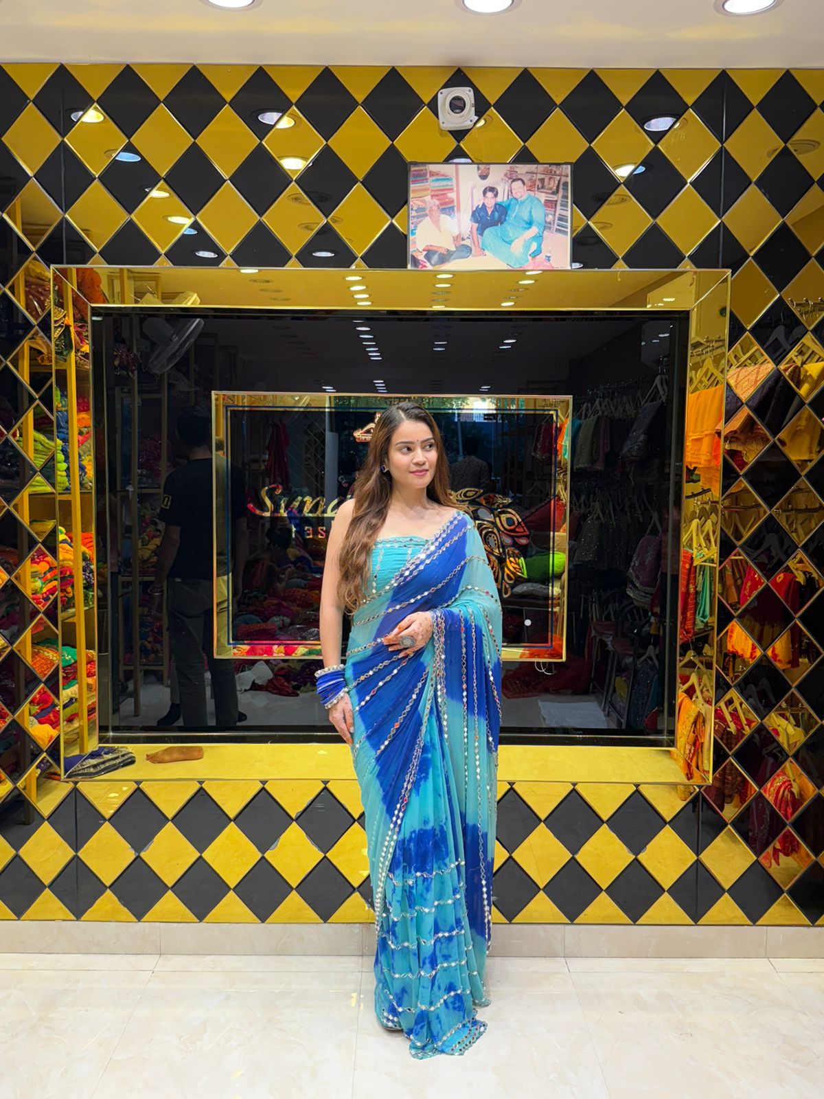 Dual Shade Blue Mirror Handcrafted Saree (421)