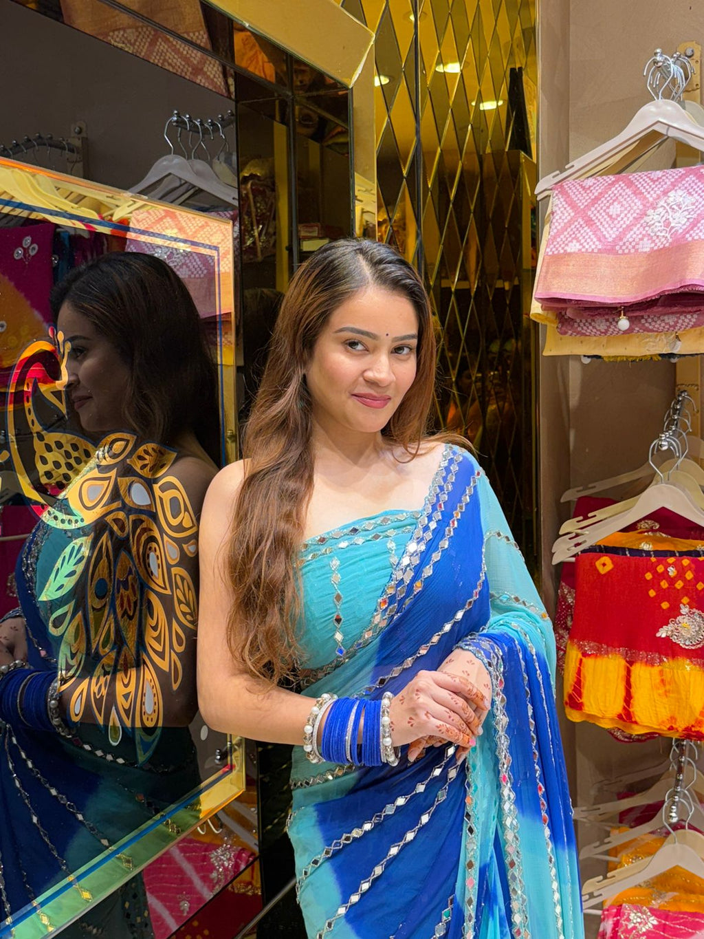 Dual Shade Blue Mirror Handcrafted Saree (421)