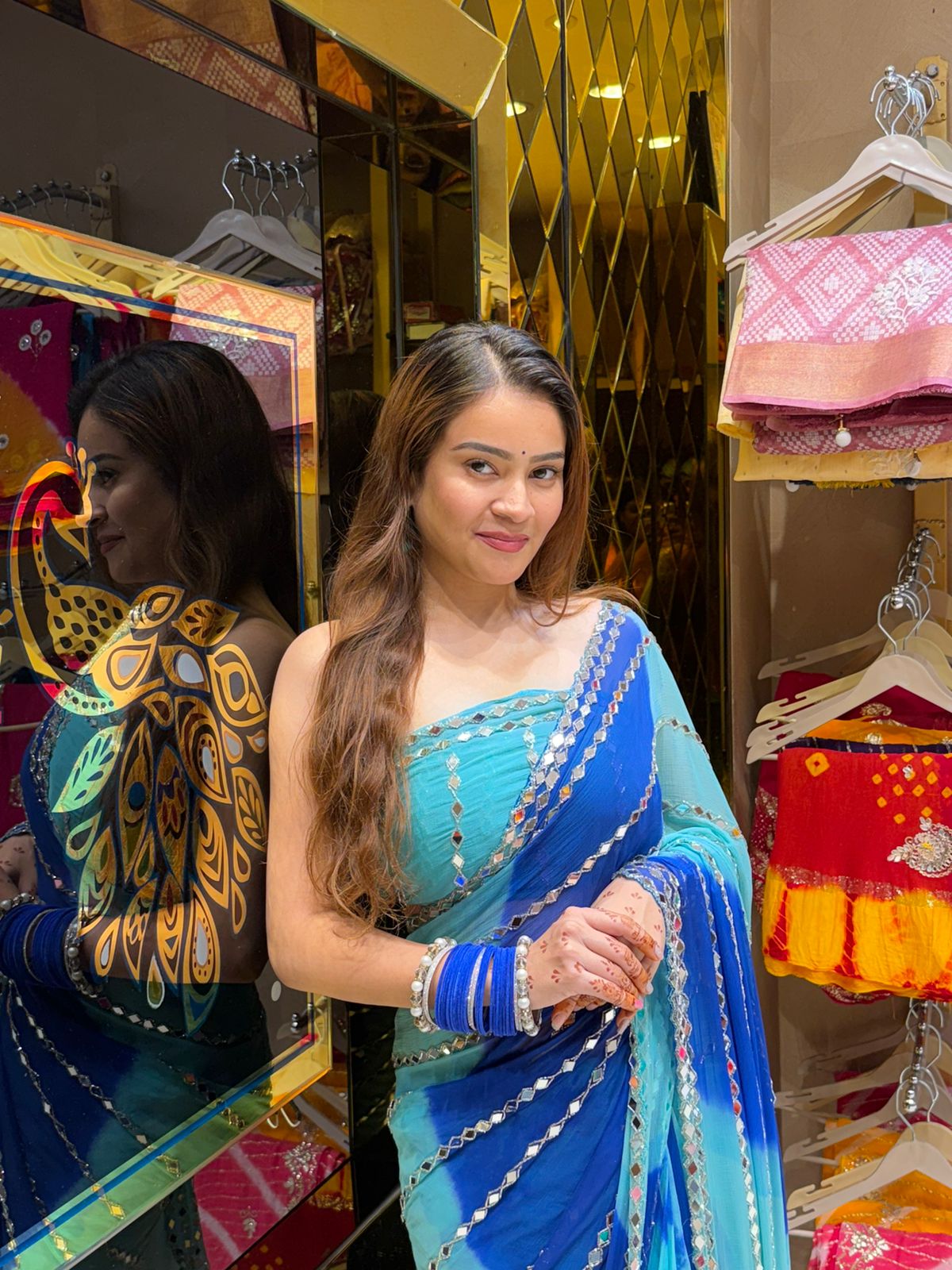 Dual Shade Blue Mirror Handcrafted Saree (421)