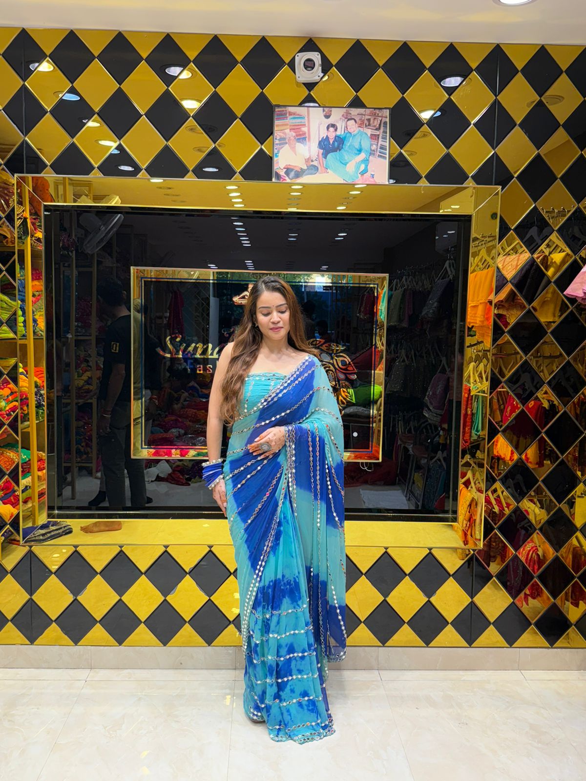 Dual Shade Blue Mirror Handcrafted Saree (421)