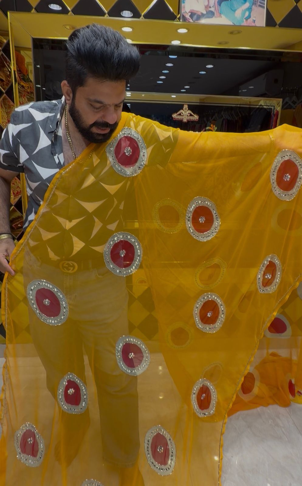 Yellow Pure Georgette Mirror Designer Saree(S94)