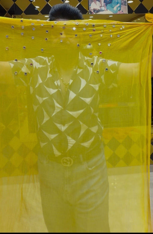 Yellow Pure Georgette Mirror Designer Saree(S94)