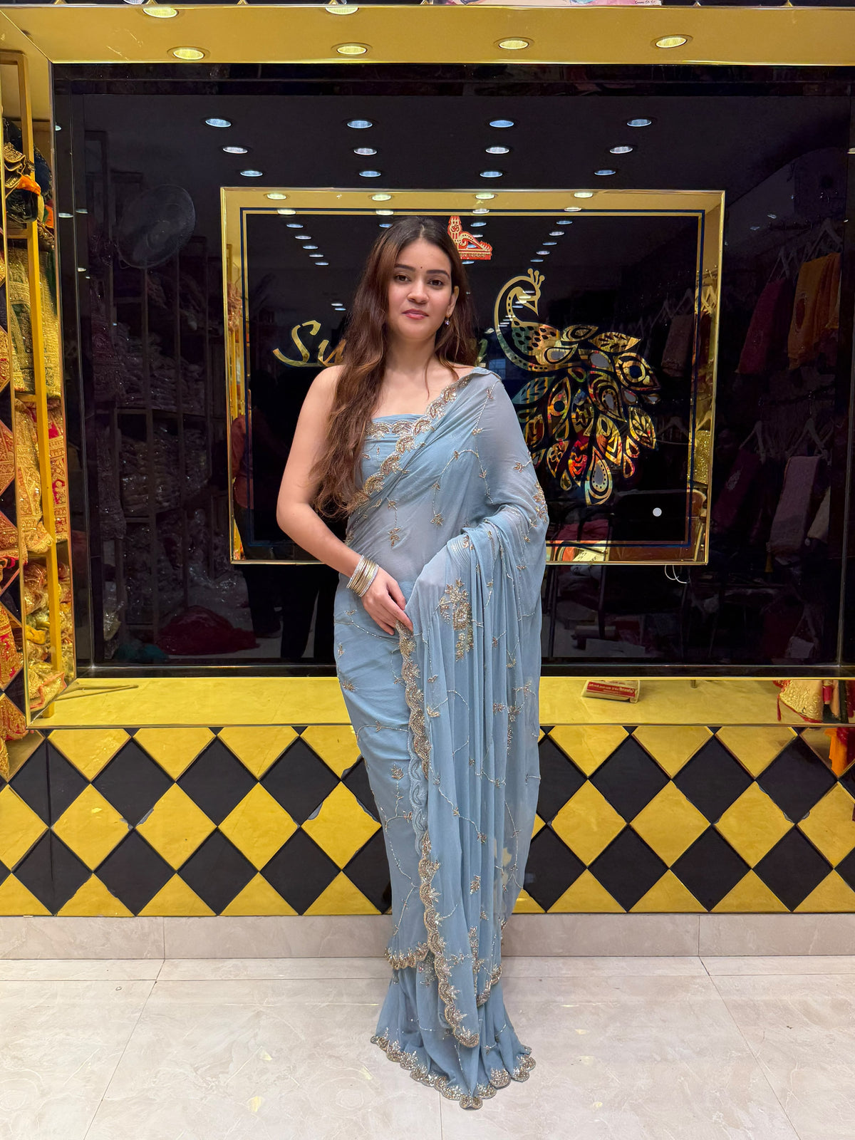 Powder Blue Diamond & Pearl Designer Saree (427)