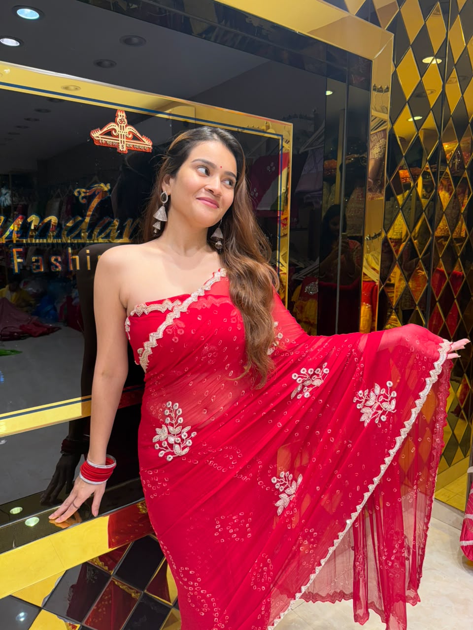 Red  Bandhej Designer Saree (431)