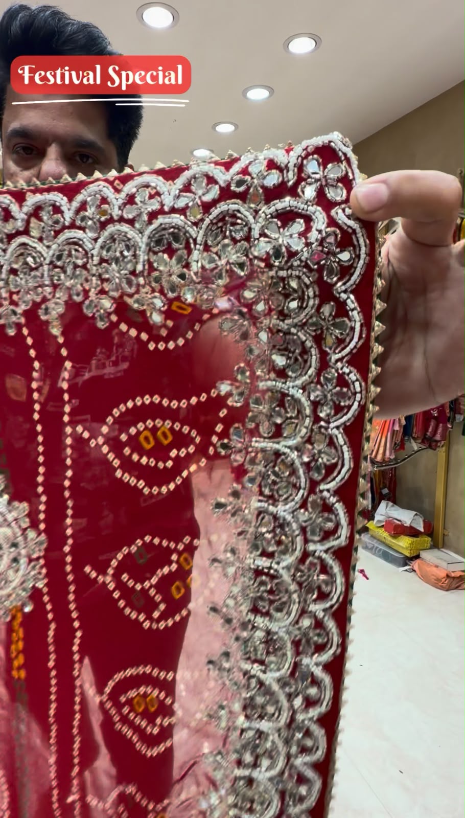 Red Pure Georgette Mirror Designer Chundari (433)
