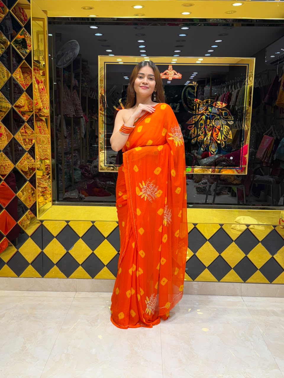 Orange Bandhej Buta Designer Saree (S101)