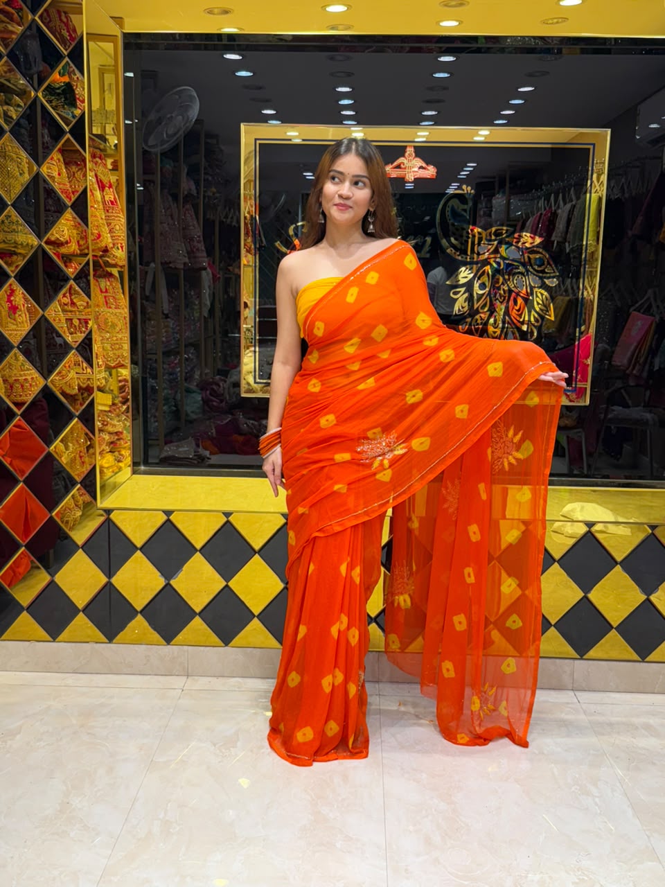 Orange Bandhej Buta Designer Saree (S101)