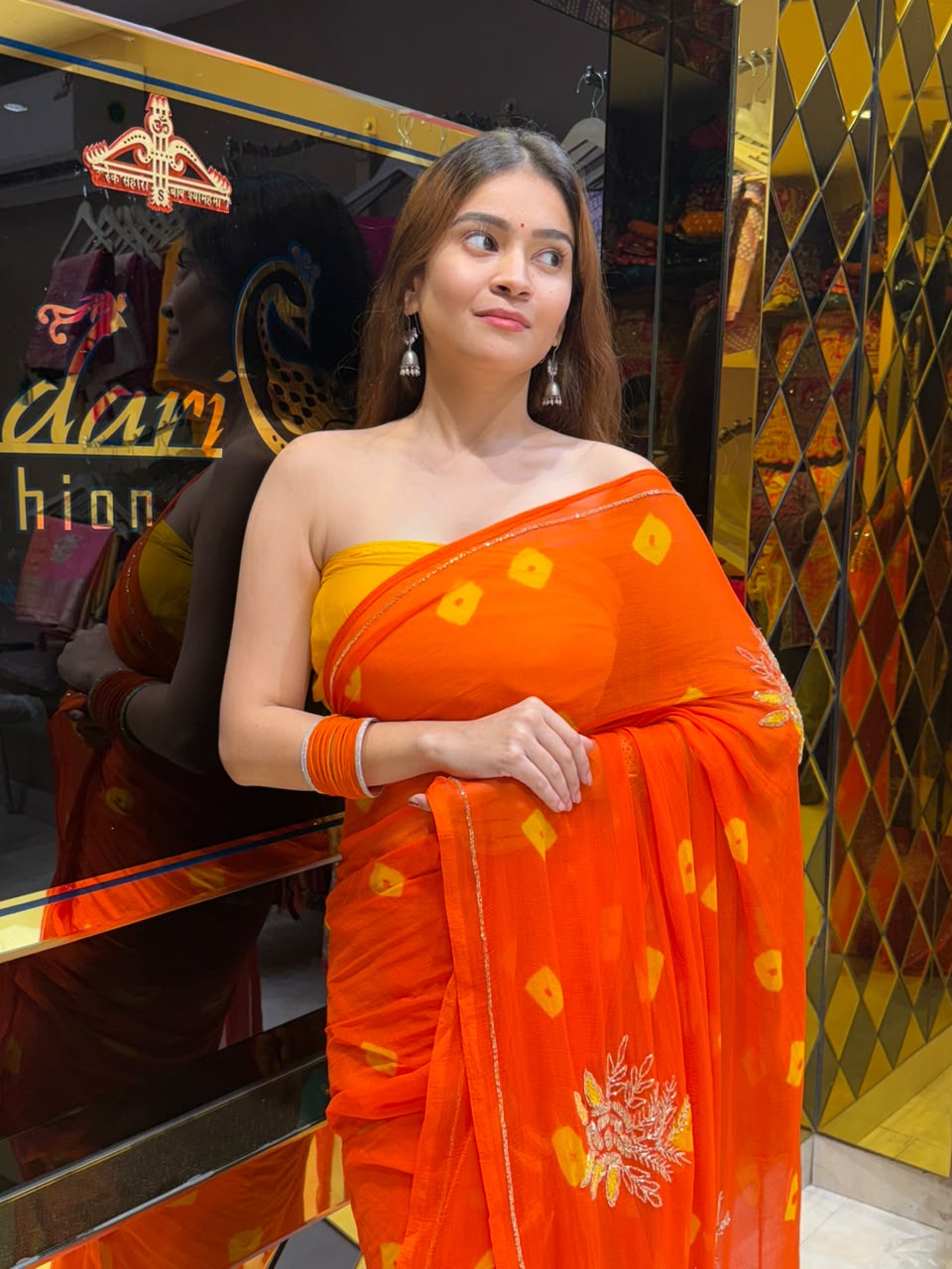 Orange Bandhej Buta Designer Saree (S101)