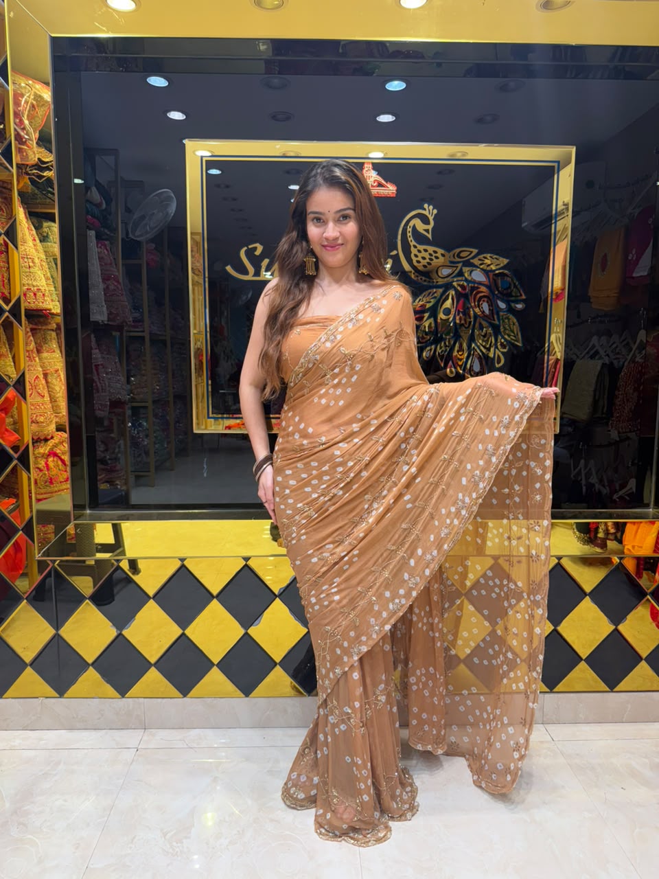 Beige Bandhej Pearl & Katdana Designer Saree (434)