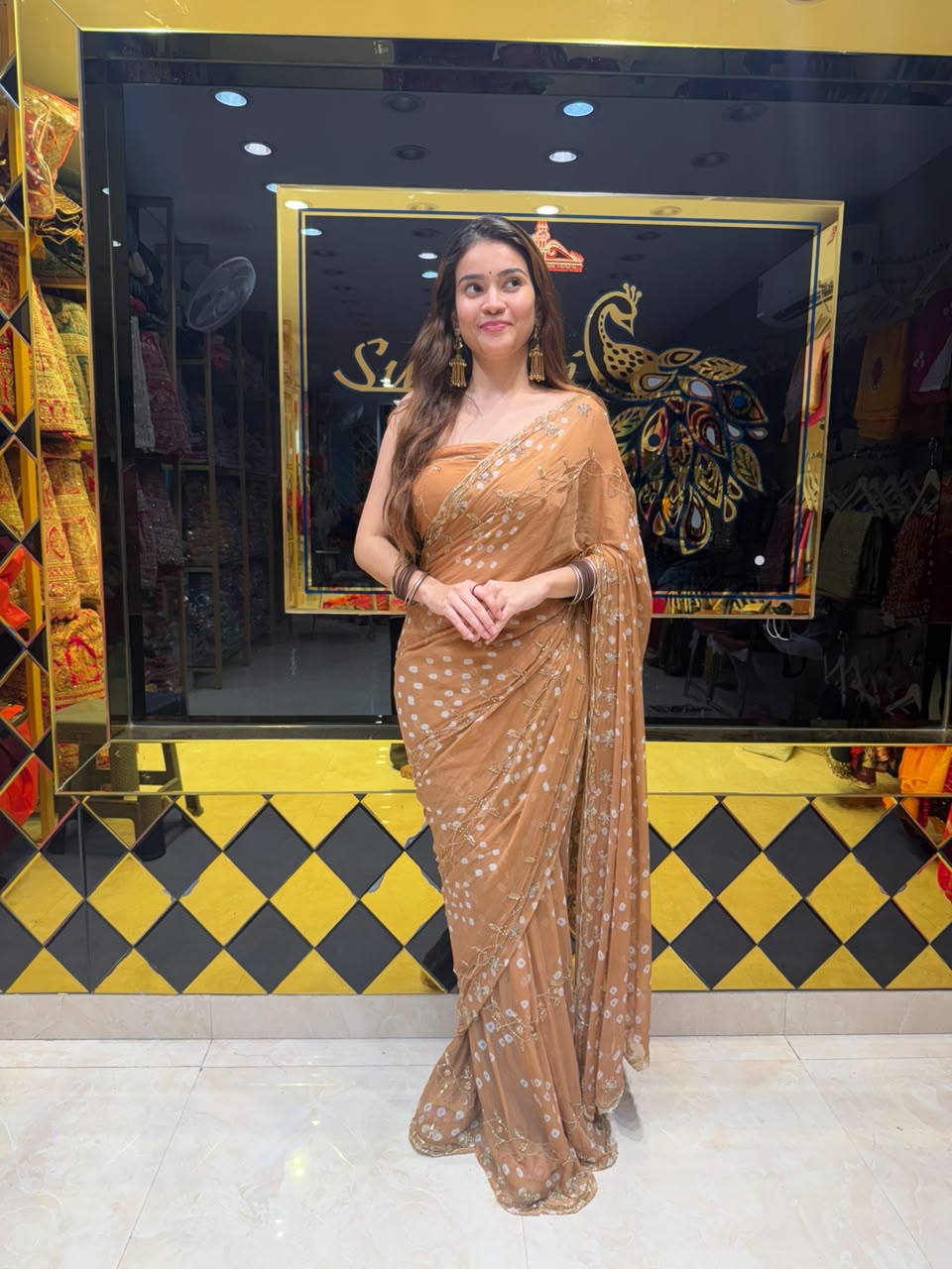 Beige Bandhej Pearl & Katdana Designer Saree (434)