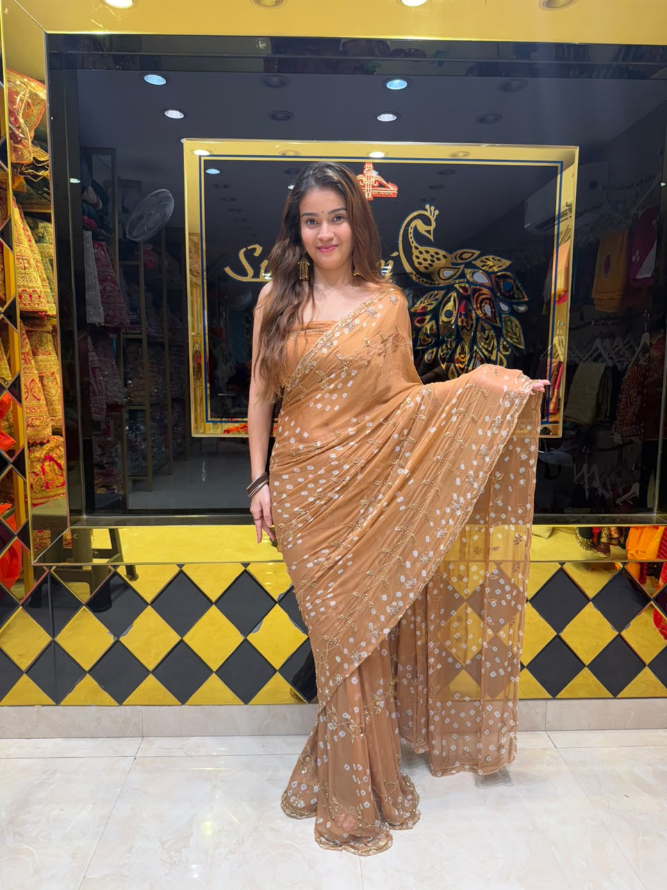 Beige Bandhej Pearl & Katdana Designer Saree (434)