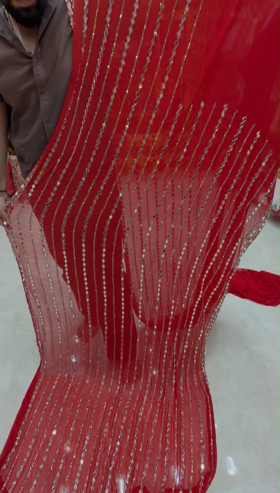 Red Katdana Premium Handwork Pure Chiffon Saree (437)