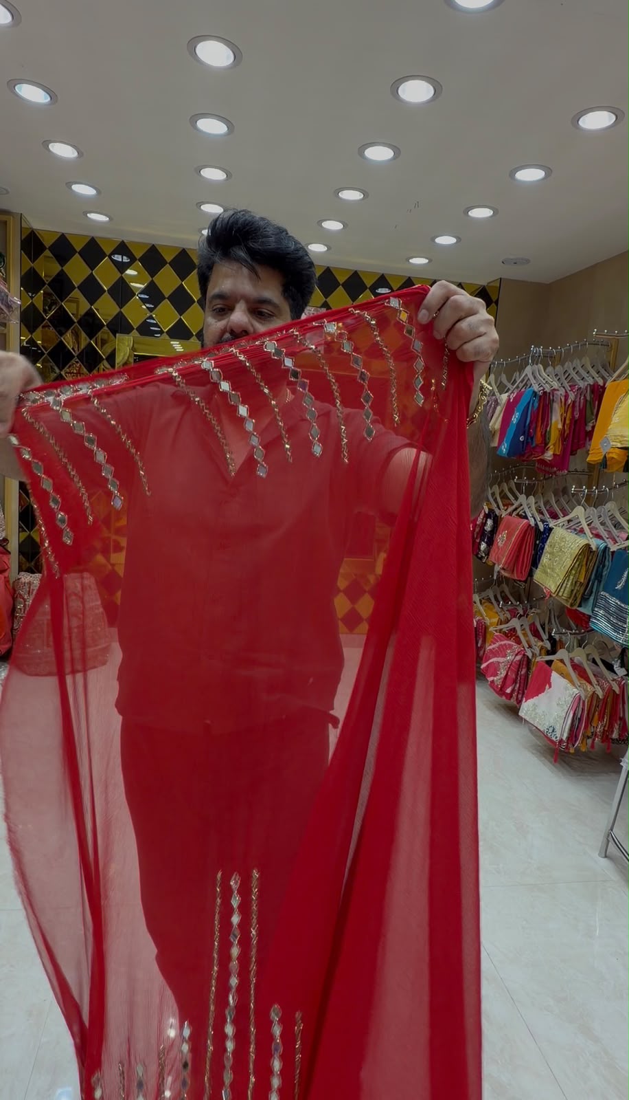 Red Katdana Premium Handwork Pure Chiffon Saree (437)